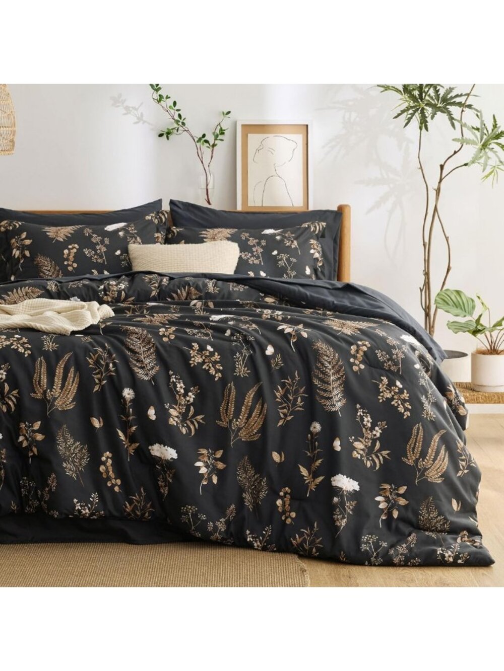 Floral Black Comforter Set - 7 Piece Full Bedding Set for Cozy Bedroom Decor